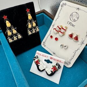 Festive Christmas Holiday Earrings Set 6 pairs. Cat, snowman, penguin